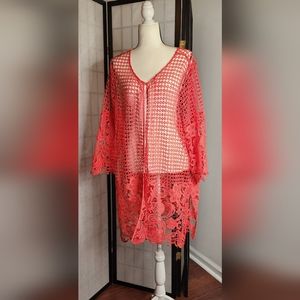 Peach crochet boho sheer cover-up duster XL/1X open front one button long sleeve